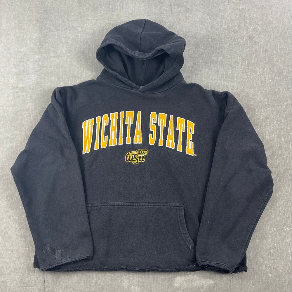 Wichita State Old Varsity Brand Mens Medium Black Hoodie‎ Raw Hem Distressed